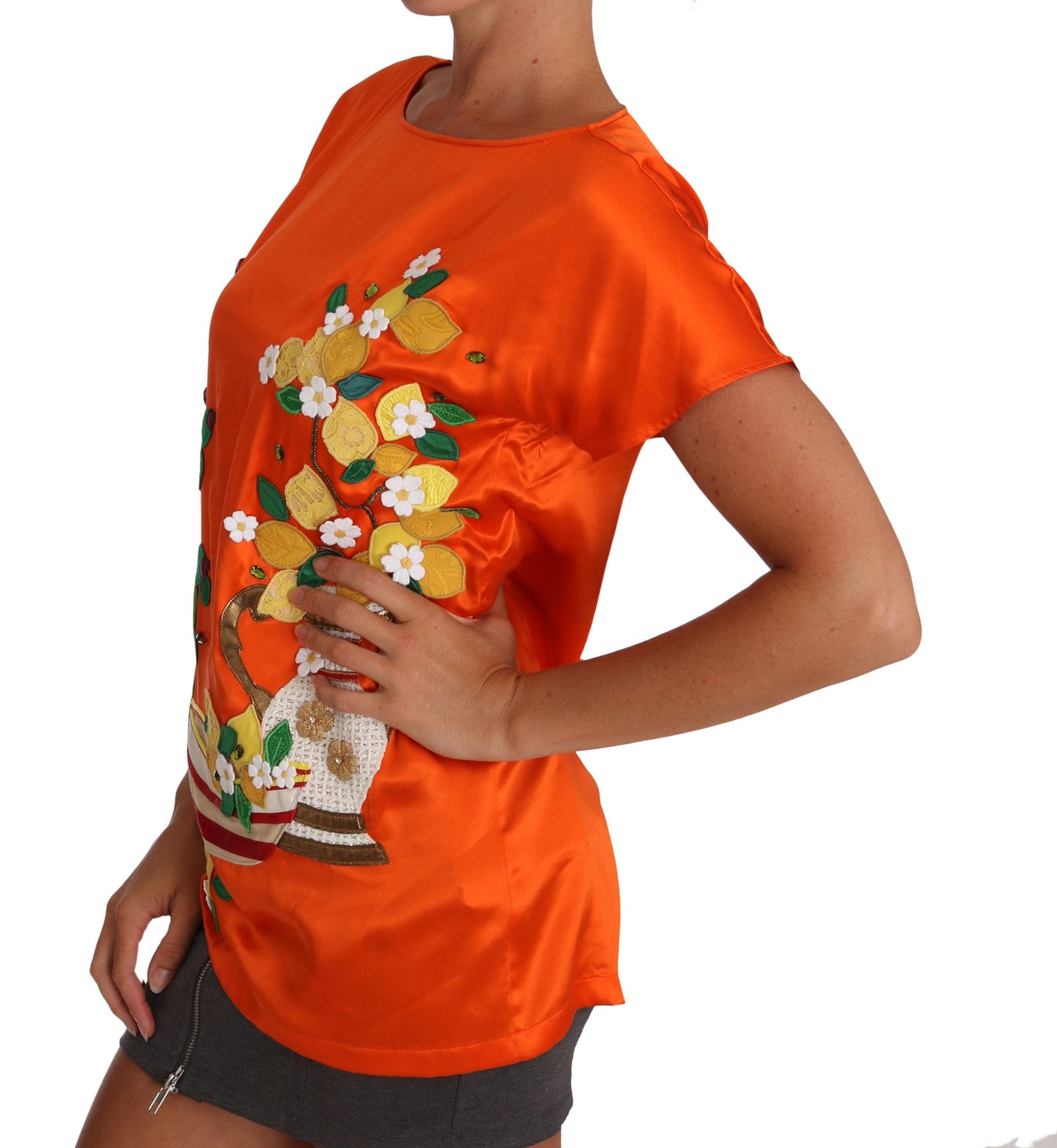Dolce & Gabbana Seiden-T-Shirt mit orange-zitronenfarbenem Kristall