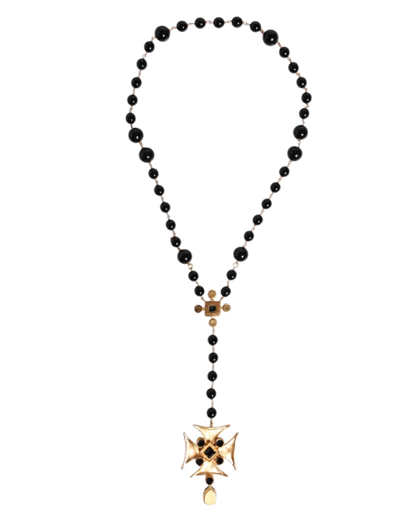 Dolce & Gabbana – Rosenkranz-Halskette aus goldfarbenem Messing mit Kreuz und schwarzen Perlen
