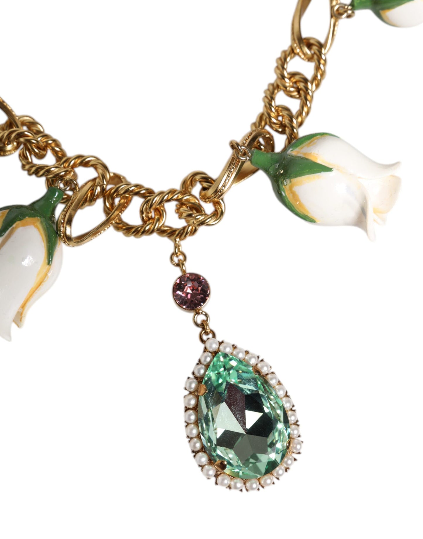 Dolce & Gabbana Halskette mit Blumen- und Kristallanhänger aus goldenem Messing
