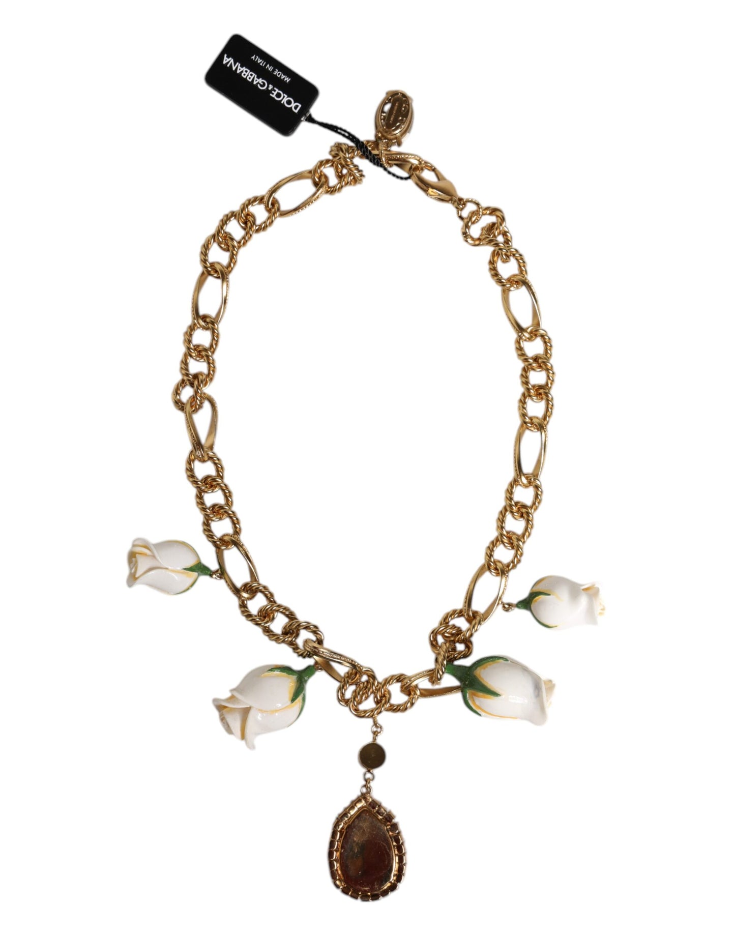 Dolce & Gabbana Halskette mit Blumen- und Kristallanhänger aus goldenem Messing