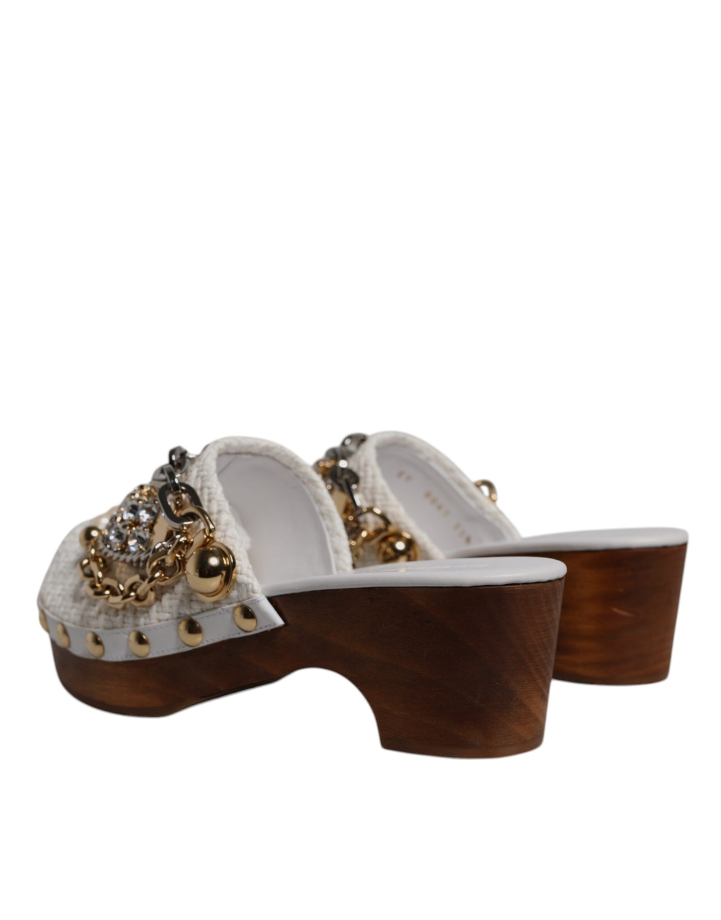 Dolce & Gabbana Weiße Raffia Clogs mit Schmucksteinen und Kette Sandalen Schuhe