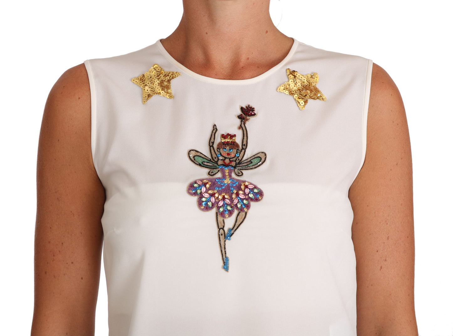Dolce & Gabbana – Weißes, mit Kristallpailletten verziertes Feen-Top aus Seide