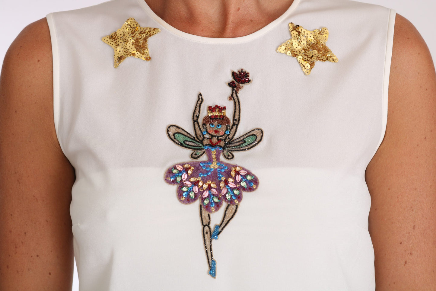 Dolce & Gabbana – Weißes, mit Kristallpailletten verziertes Feen-Top aus Seide