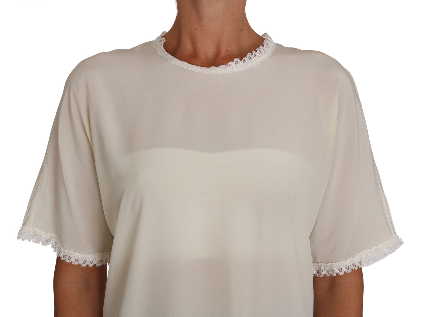 Dolce & Gabbana – Blusen-T-Shirt aus weißer und cremefarbener Seide mit Spitzenoberteil