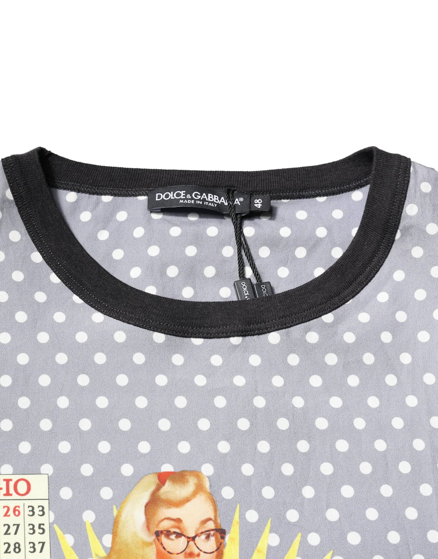 Dolce & Gabbana Graues T-Shirt mit Rundhalsausschnitt und Pin-Up-Print mit Polka Dots