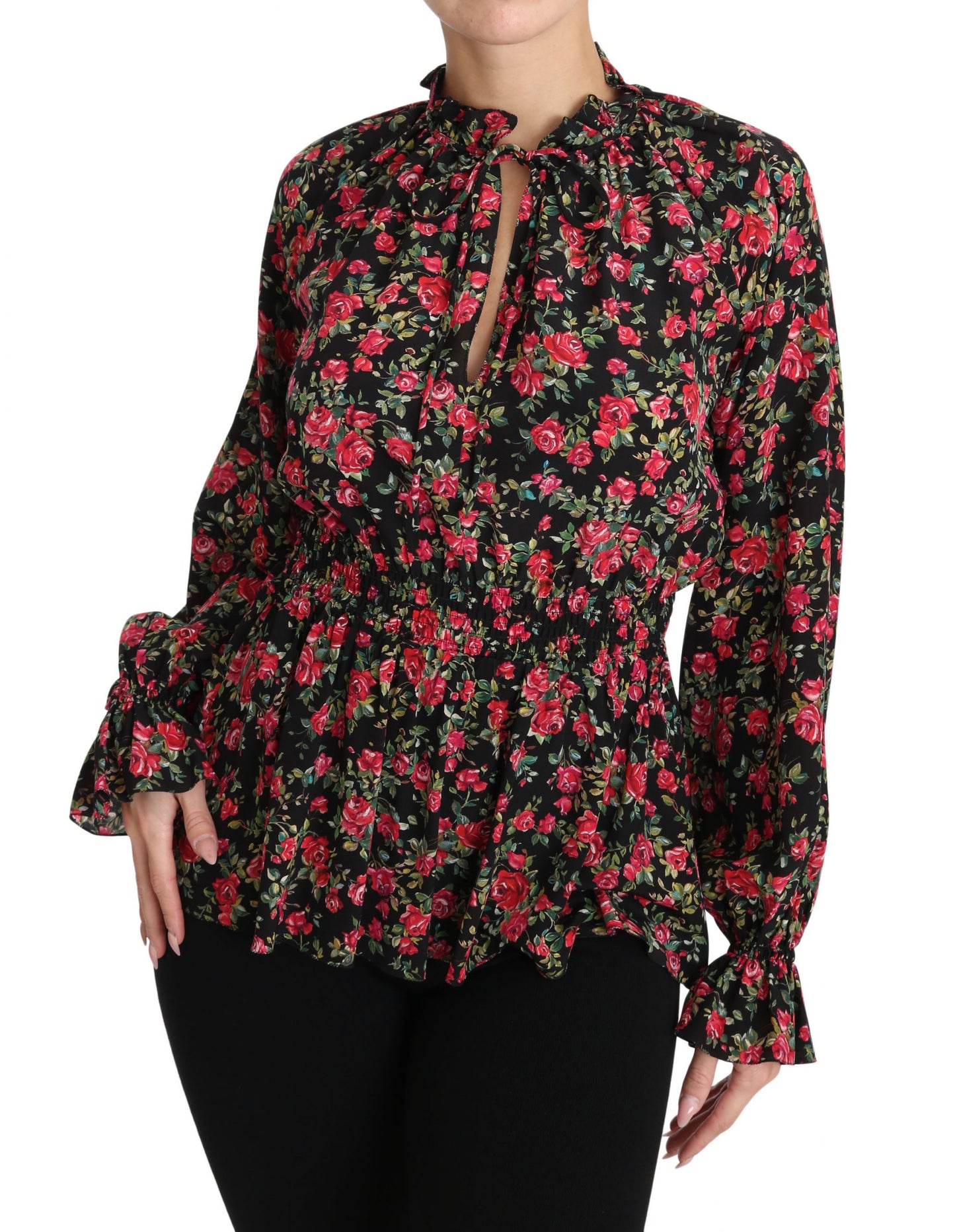 Dolce & Gabbana – Schwarze Bluse mit Rosen-Print und Blumenmuster