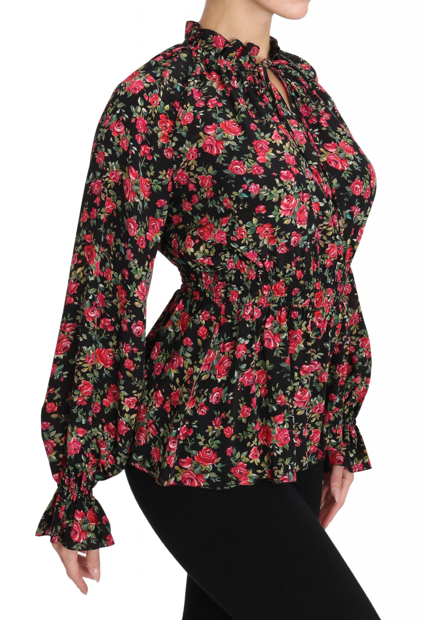 Dolce & Gabbana – Schwarze Bluse mit Rosen-Print und Blumenmuster