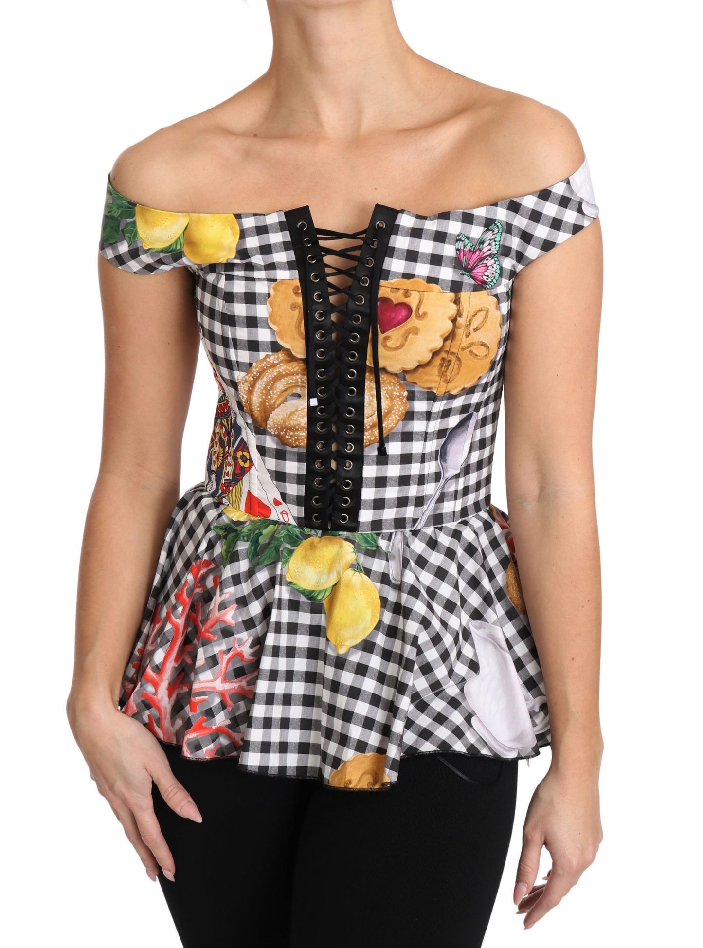 Dolce & Gabbana – Schwarz-weiße Korsettbluse „Sicily Lemon Check Top“