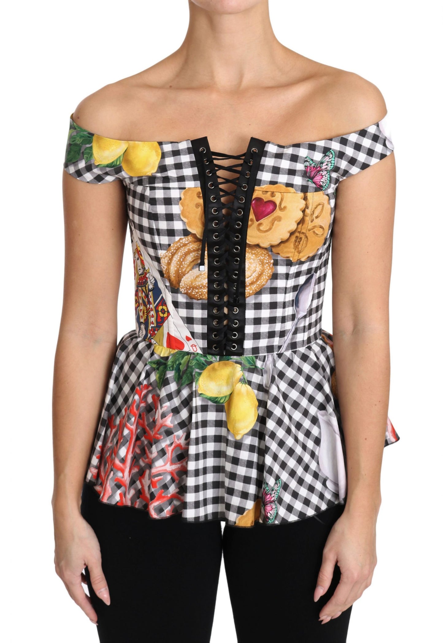 Dolce & Gabbana – Schwarz-weiße Korsettbluse „Sicily Lemon Check Top“