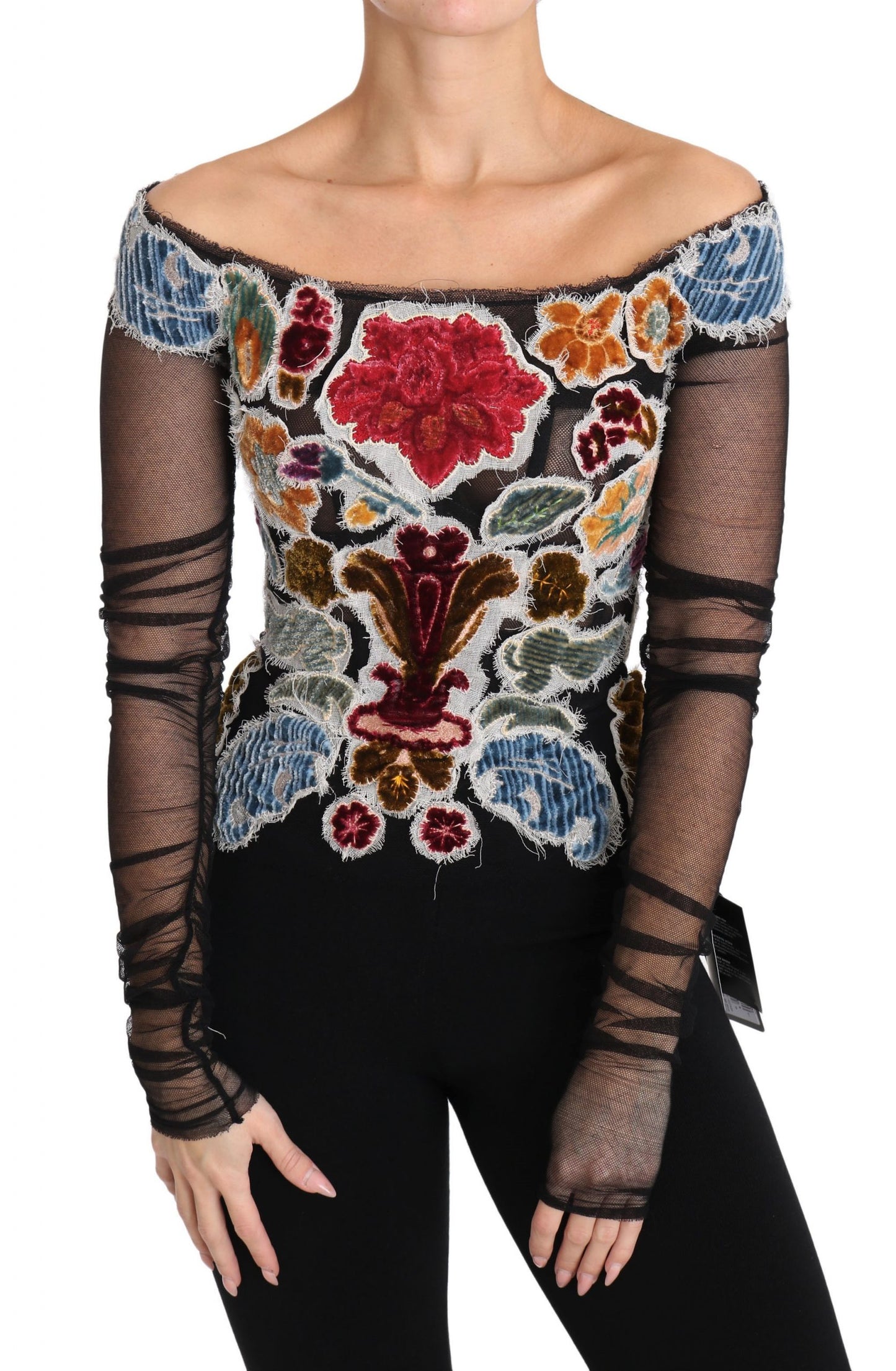 Dolce & Gabbana – T-Shirt-Bluse „Ricamo“ in Schwarz mit Blumenmuster