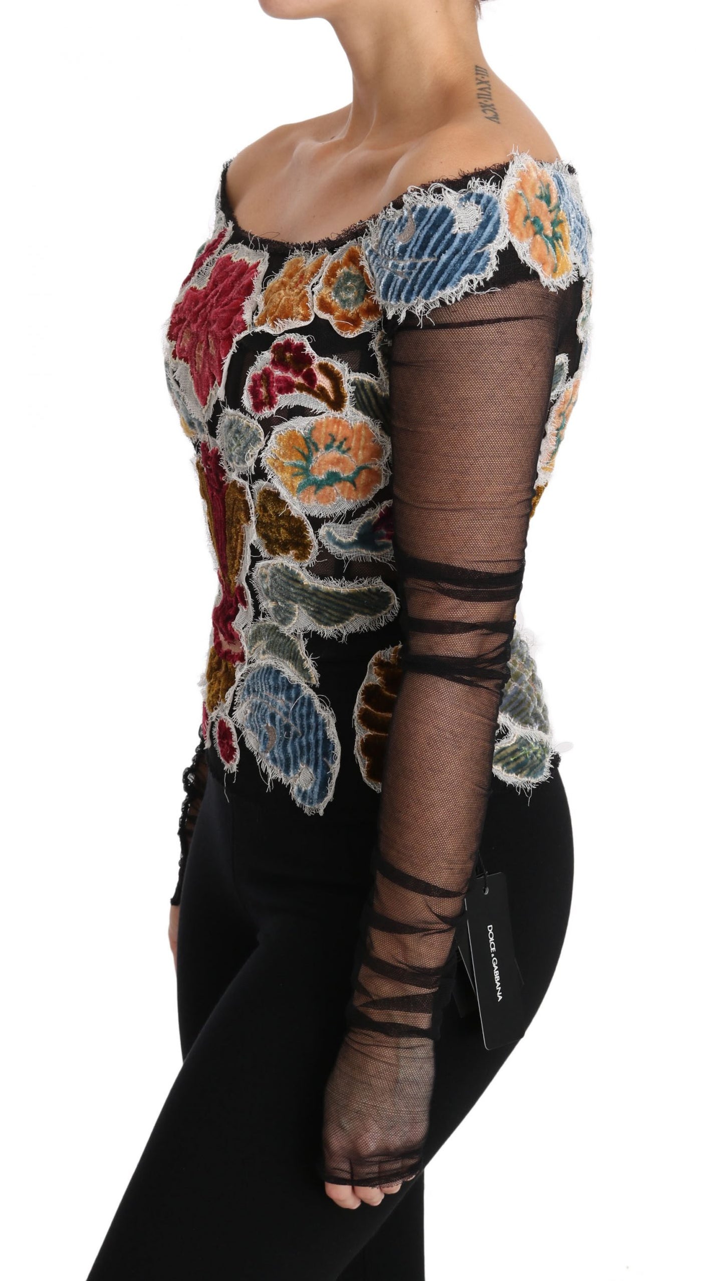 Dolce & Gabbana – T-Shirt-Bluse „Ricamo“ in Schwarz mit Blumenmuster