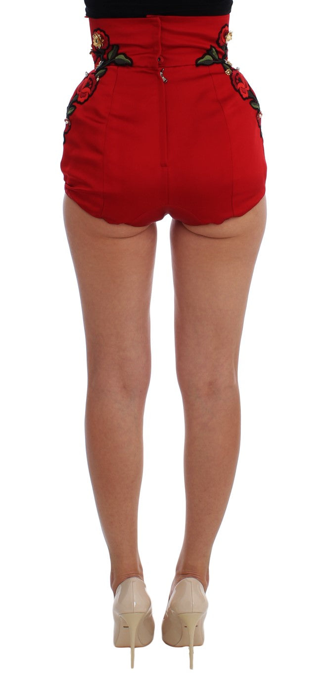 Dolce & Gabbana Rote Seidenshorts mit Kristallrosen