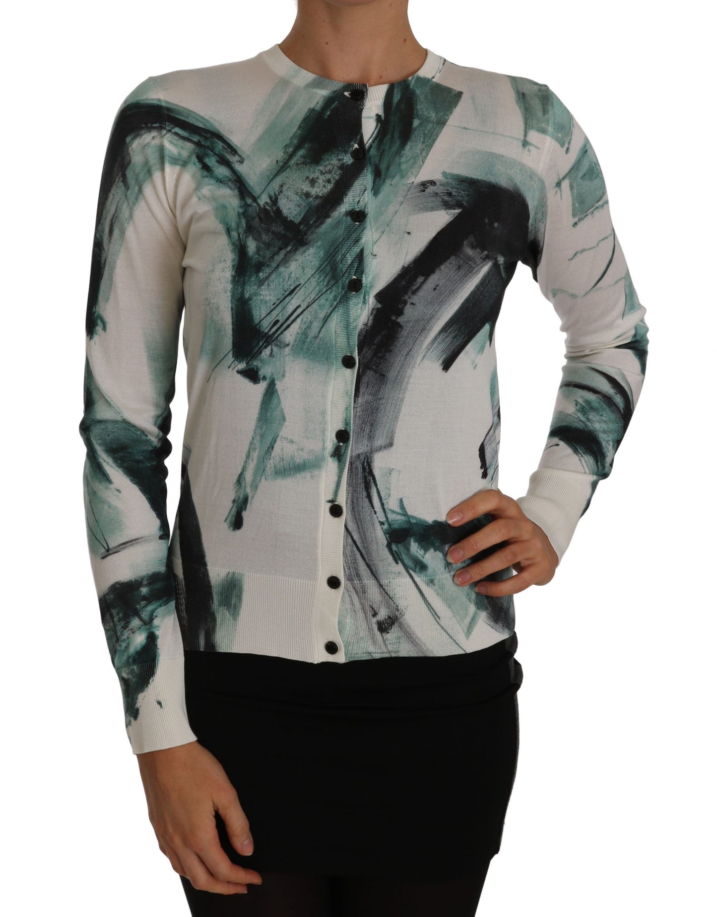 Dolce & Gabbana – Weißer Seidencardigan, leichter Pullover mit Farbstrichen