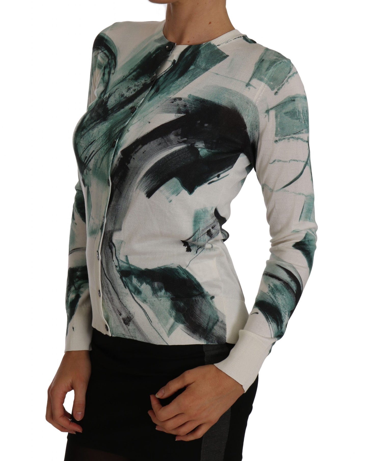Dolce & Gabbana – Weißer Seidencardigan, leichter Pullover mit Farbstrichen