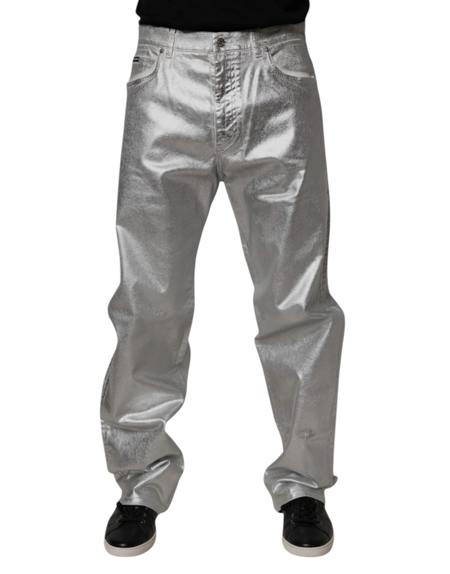 Dolce & Gabbana – Gerade geschnittene Jeans aus Baumwolle in Metallic-Silber