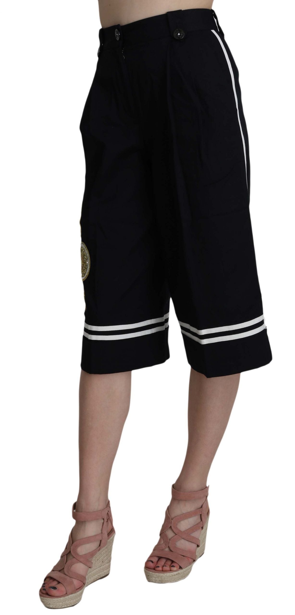 Dolce & Gabbana – Schwarze, verkürzte Hose aus Baumwolle mit Verzierung