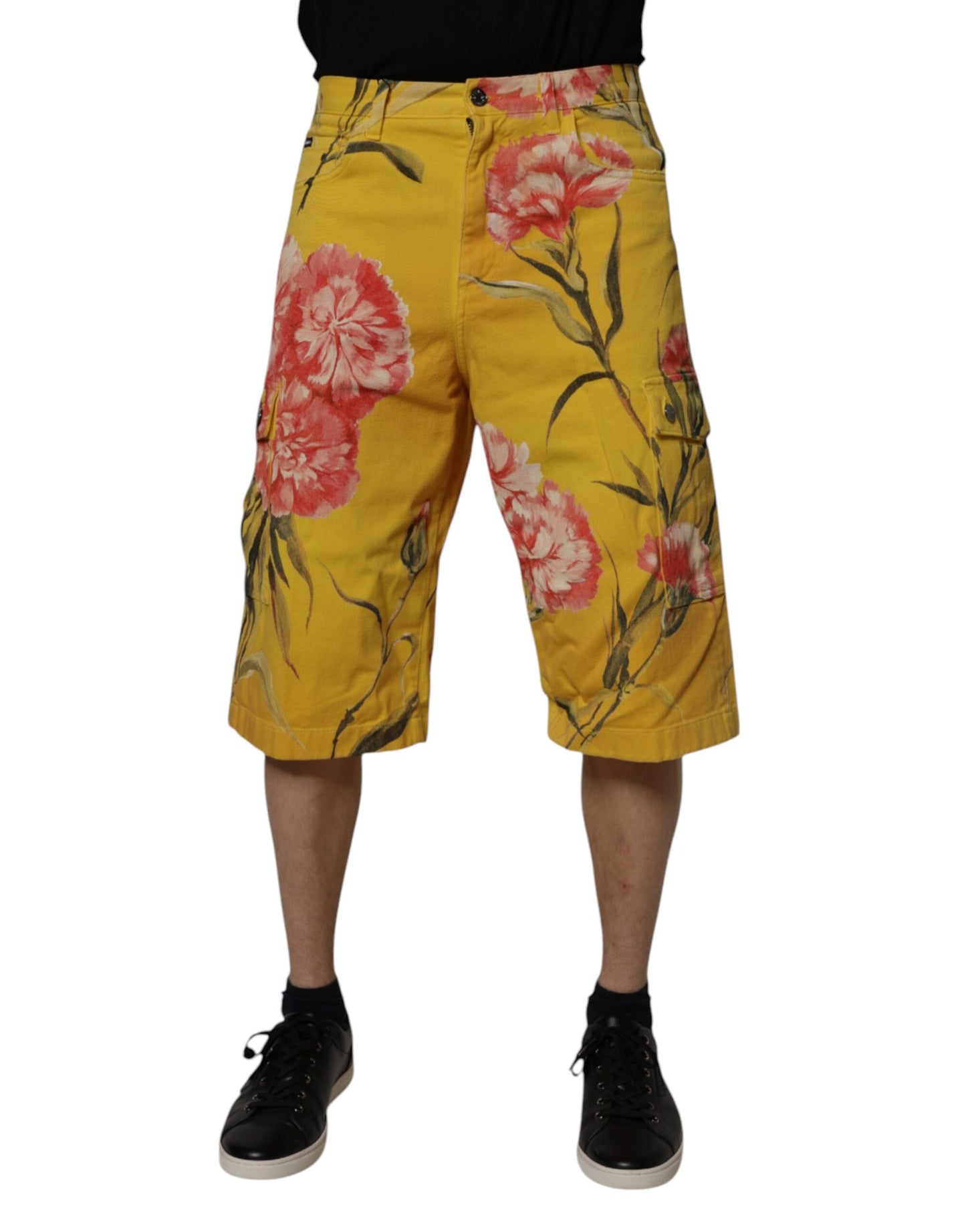 Dolce & Gabbana – Gelbe Cargo-Denim-Bermudashorts für Herren mit Blumenmuster