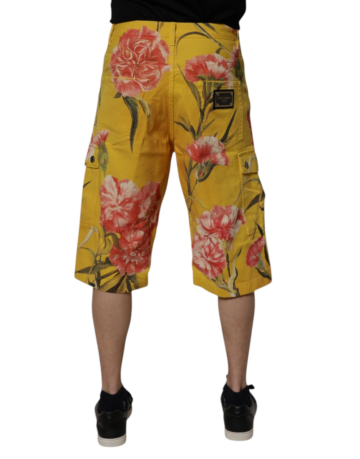 Dolce & Gabbana – Gelbe Cargo-Denim-Bermudashorts für Herren mit Blumenmuster