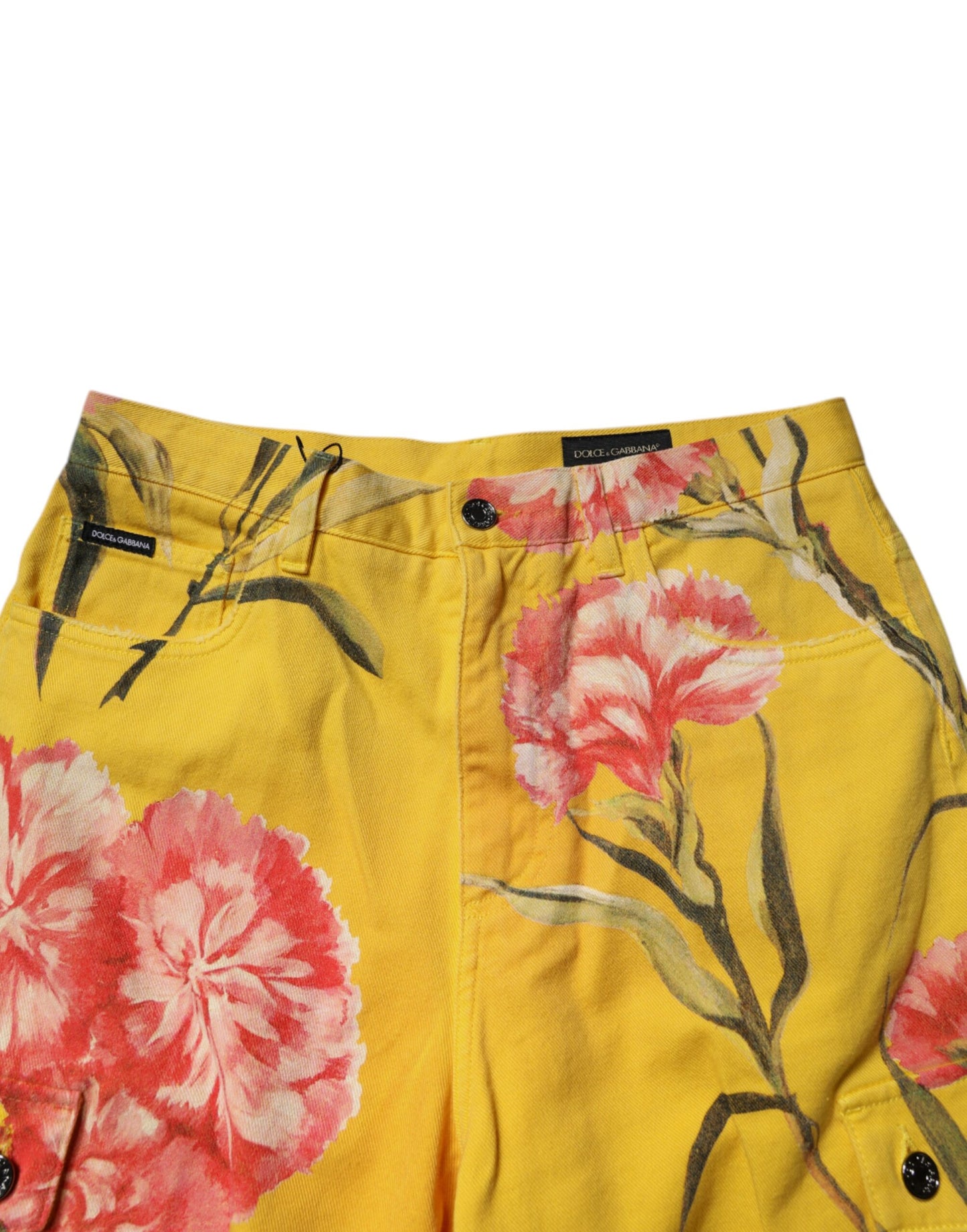 Dolce & Gabbana – Gelbe Cargo-Denim-Bermudashorts für Herren mit Blumenmuster