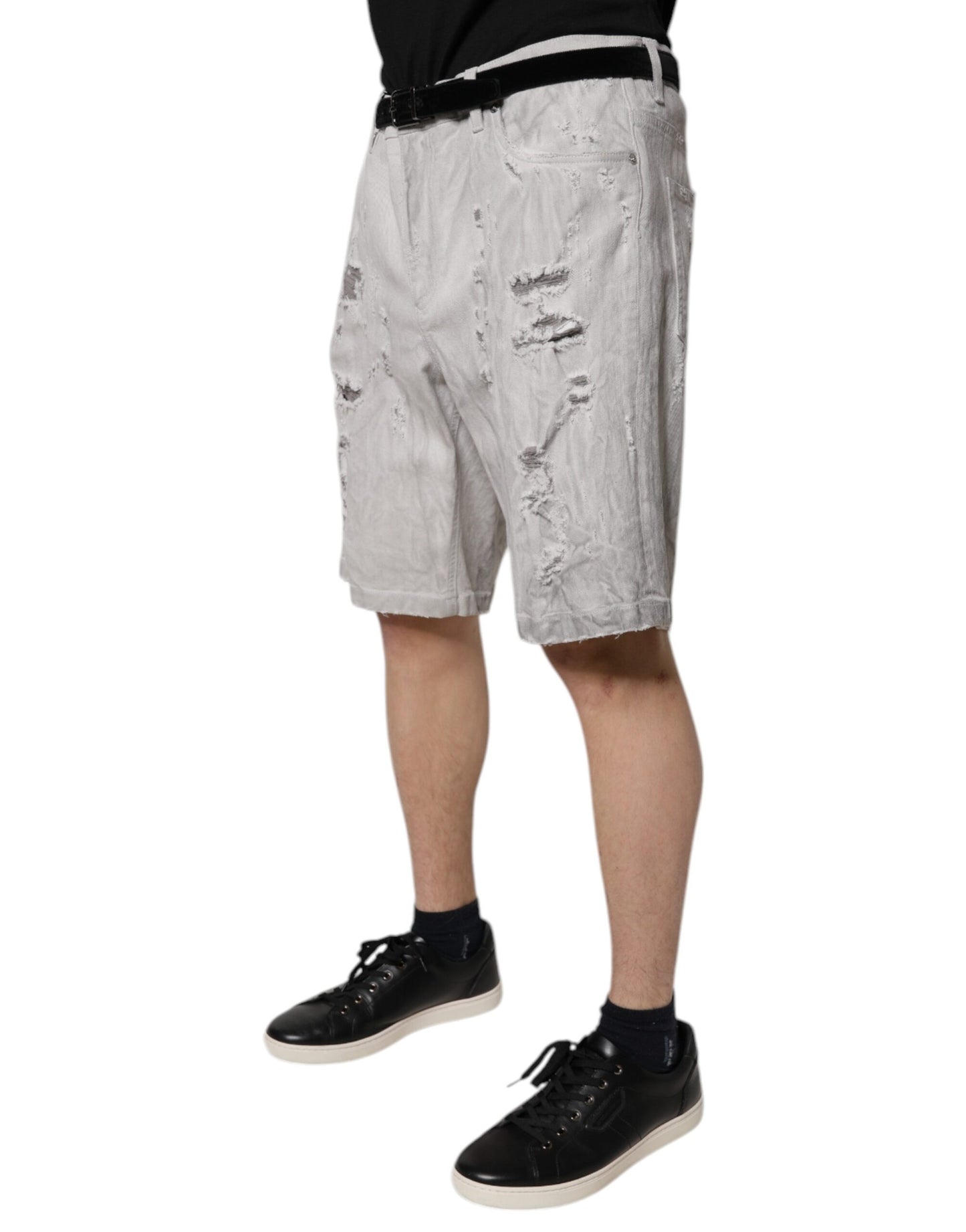 Dolce & Gabbana Hellgraue zerfetzte Herren-Denim-Bermudashorts