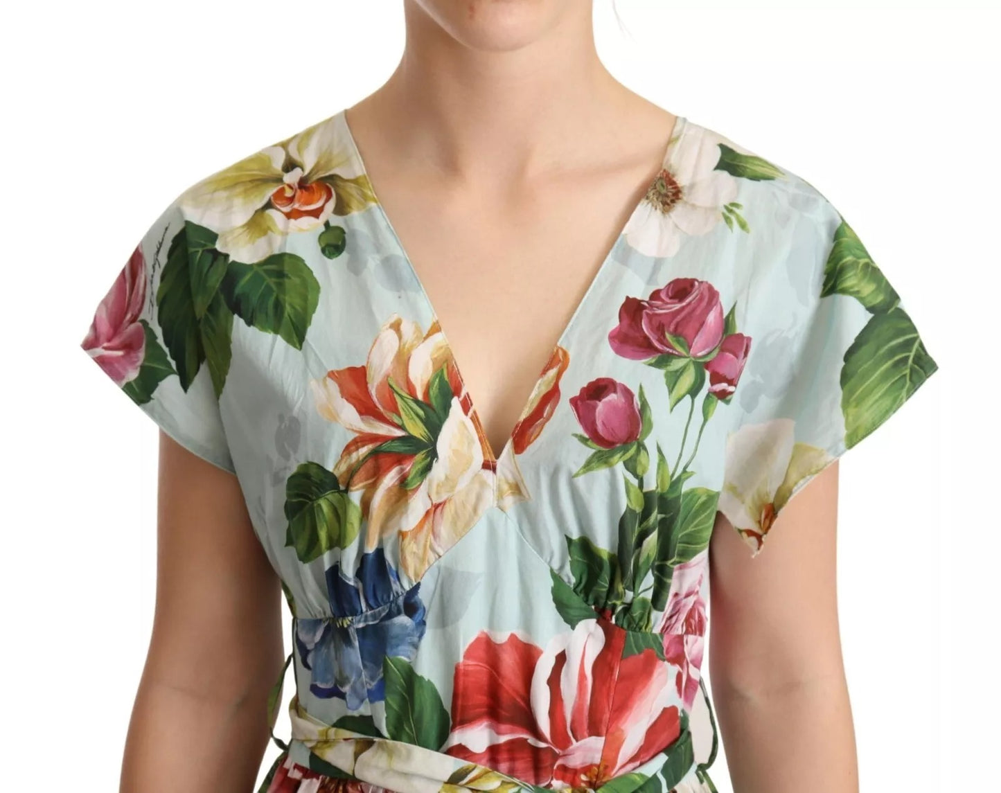 Dolce & Gabbana – Grünes, geblümtes, kurzärmliges Baumwollkleid mit V-Ausschnitt
