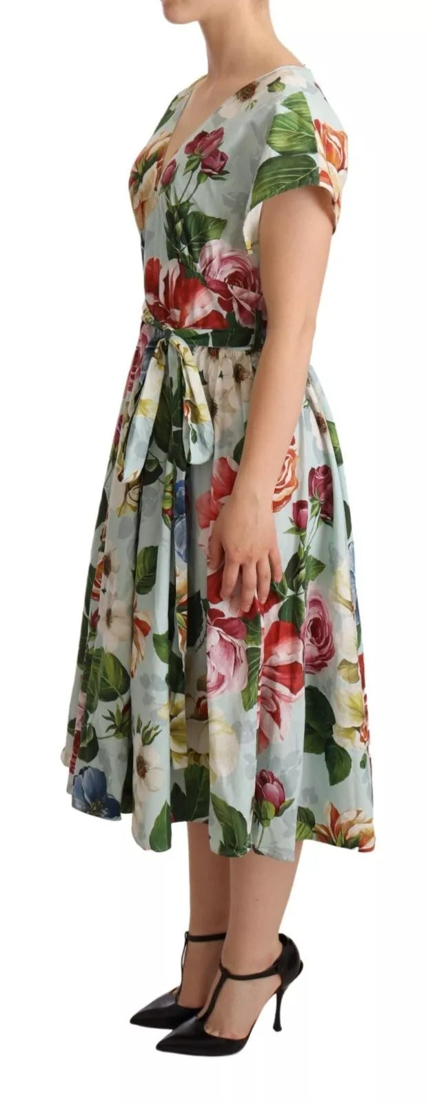Dolce & Gabbana – Grünes, geblümtes, kurzärmliges Baumwollkleid mit V-Ausschnitt