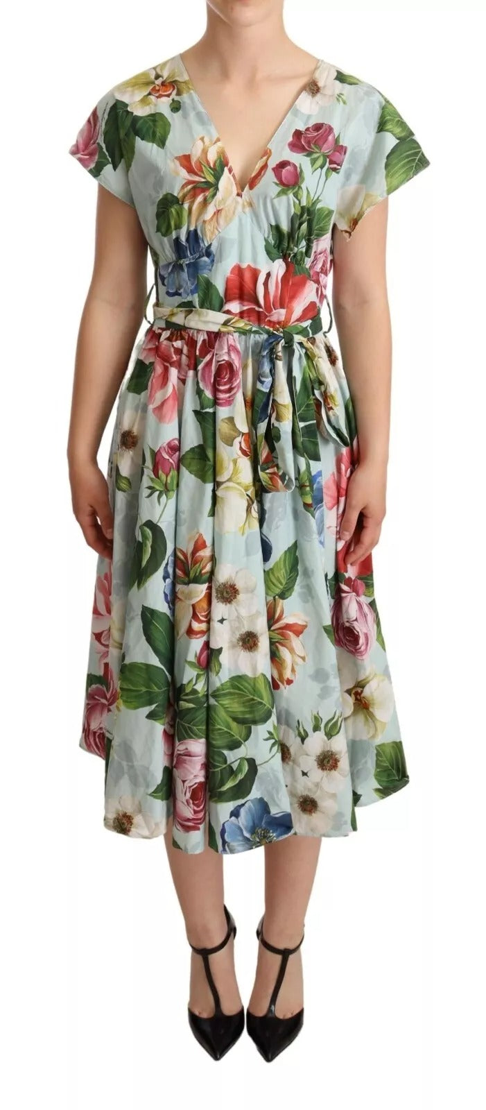 Dolce & Gabbana – Grünes, geblümtes, kurzärmliges Baumwollkleid mit V-Ausschnitt