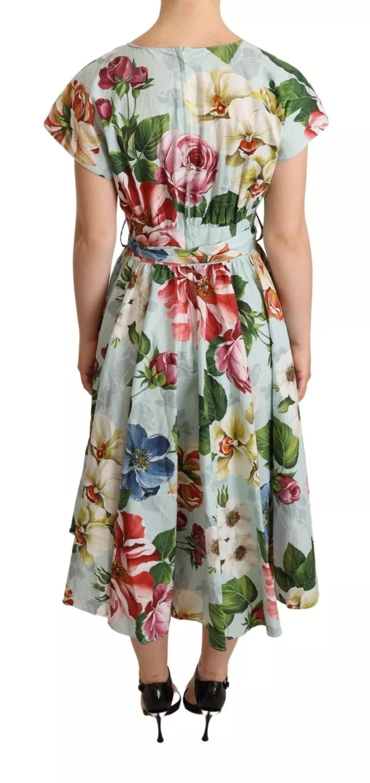 Dolce & Gabbana – Grünes, geblümtes, kurzärmliges Baumwollkleid mit V-Ausschnitt