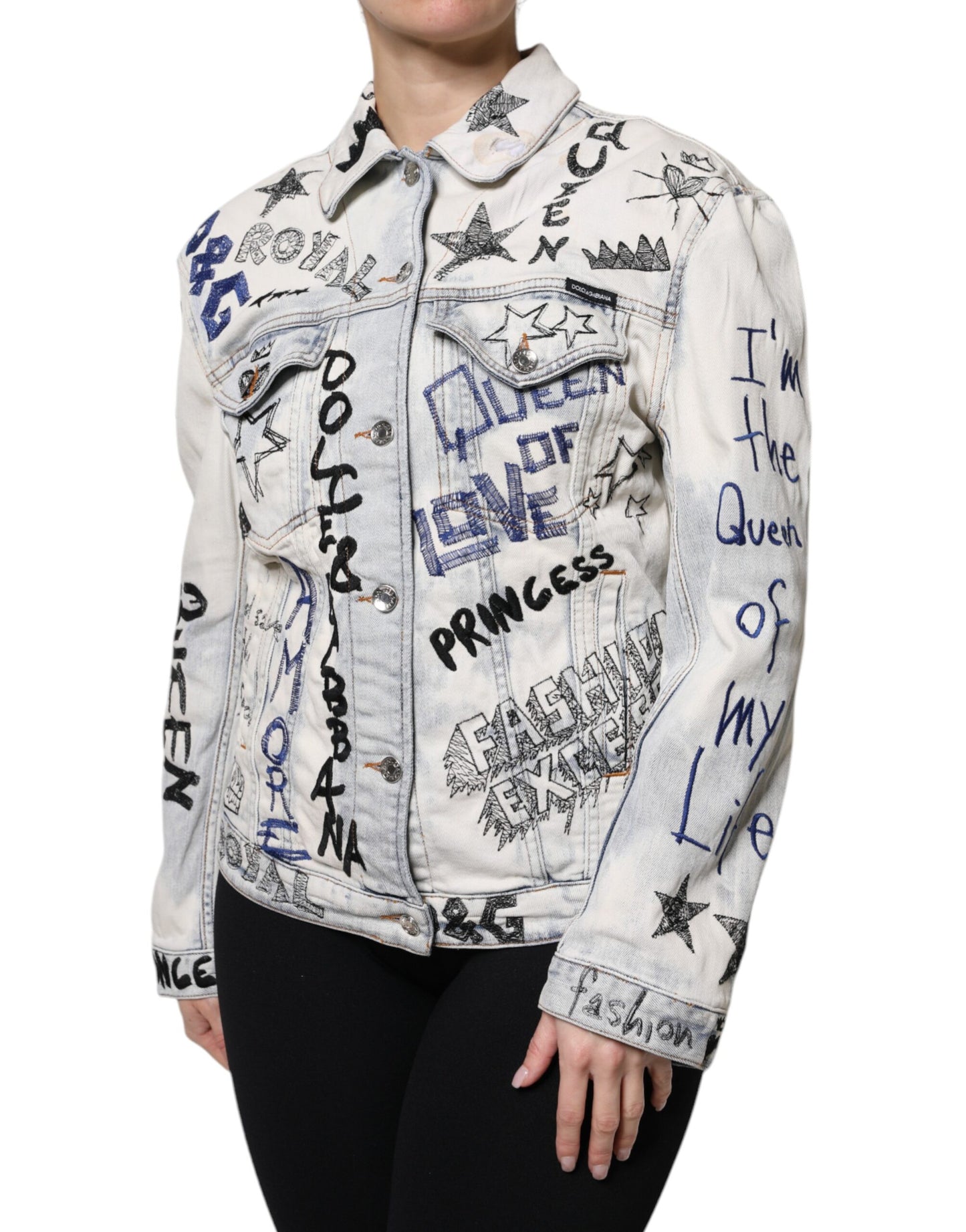 Dolce & Gabbana Hellblaue Jeansjacke mit Graffiti-Knopfleiste