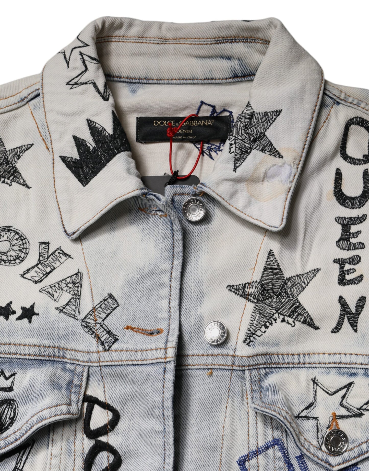 Dolce & Gabbana Hellblaue Jeansjacke mit Graffiti-Knopfleiste