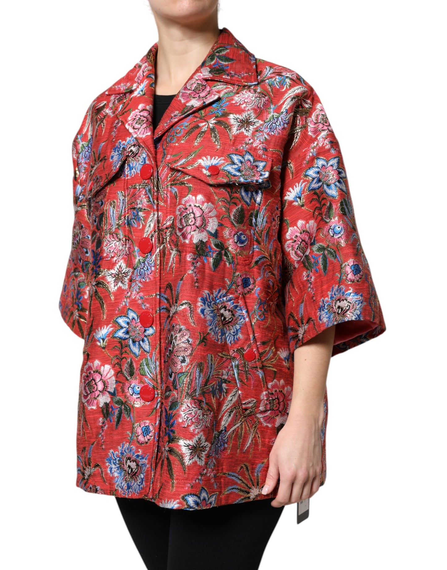 Dolce & Gabbana – Rote Jacquard-Manteljacke mit Knopfleiste und Blumenmuster