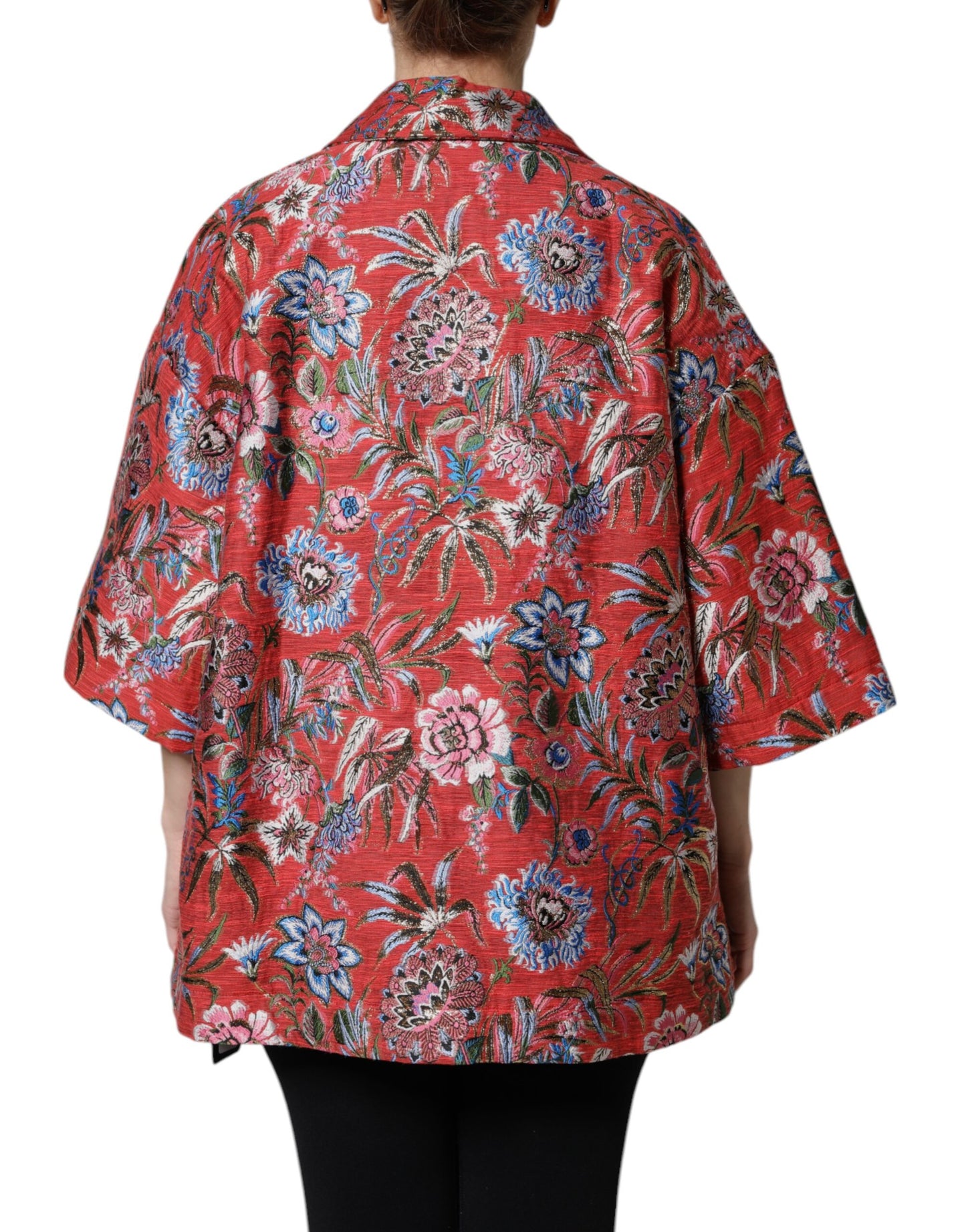 Dolce & Gabbana – Rote Jacquard-Manteljacke mit Knopfleiste und Blumenmuster