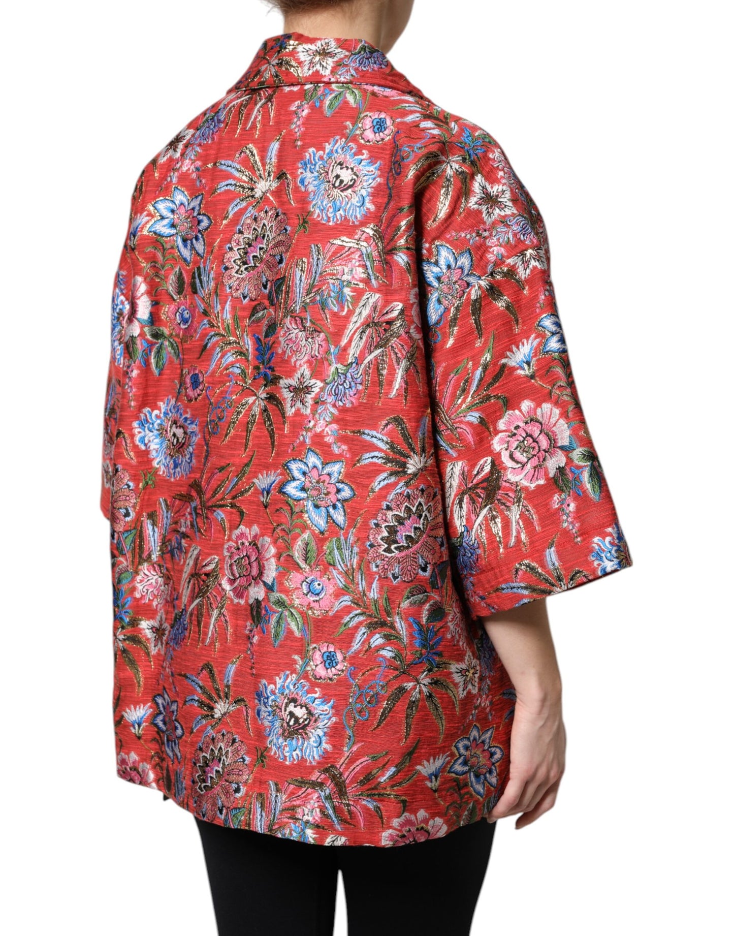 Dolce & Gabbana – Rote Jacquard-Manteljacke mit Knopfleiste und Blumenmuster