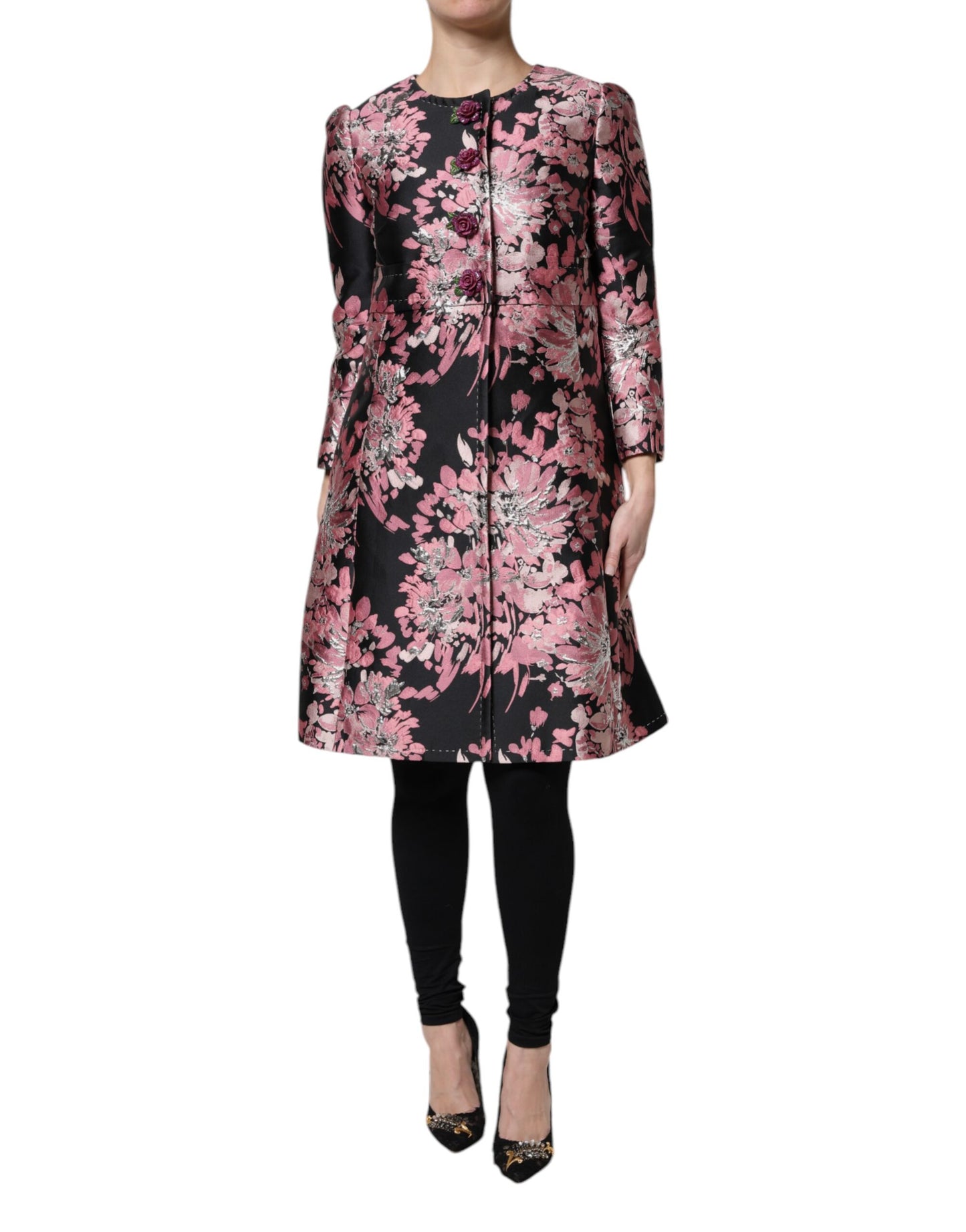 Dolce & Gabbana – Trenchcoatjacke aus Brokat mit Blumenmuster in Rosa und Schwarz
