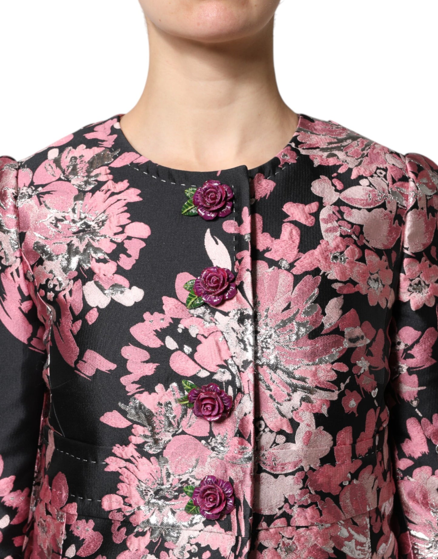 Dolce & Gabbana – Trenchcoatjacke aus Brokat mit Blumenmuster in Rosa und Schwarz