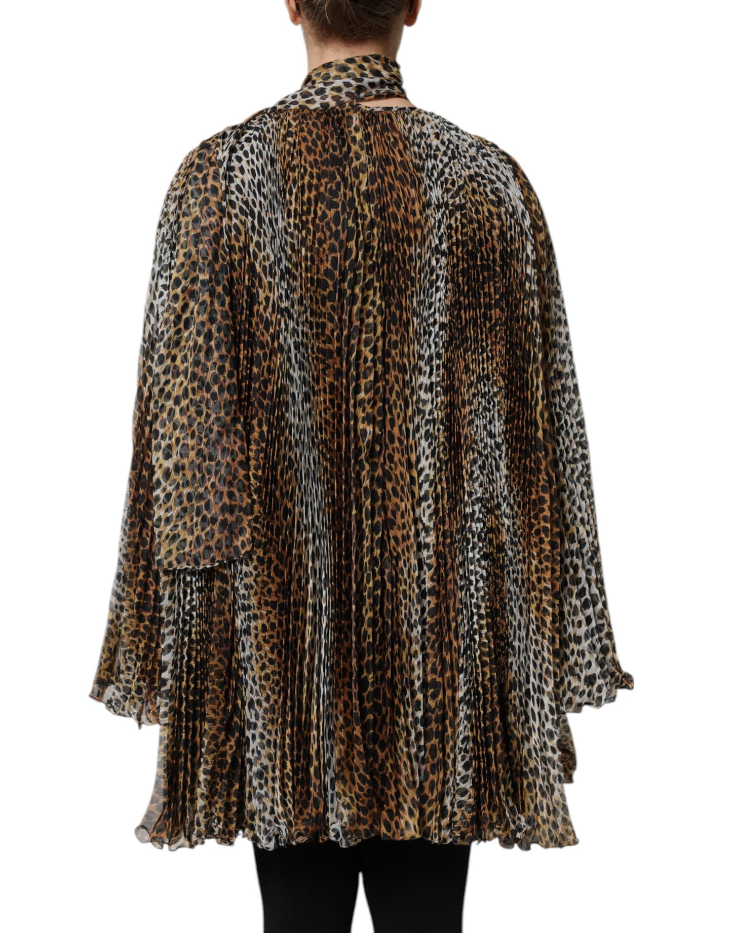 Dolce & Gabbana – Braunes Chiffonkleid mit Schalkragen und Leopardenmuster
