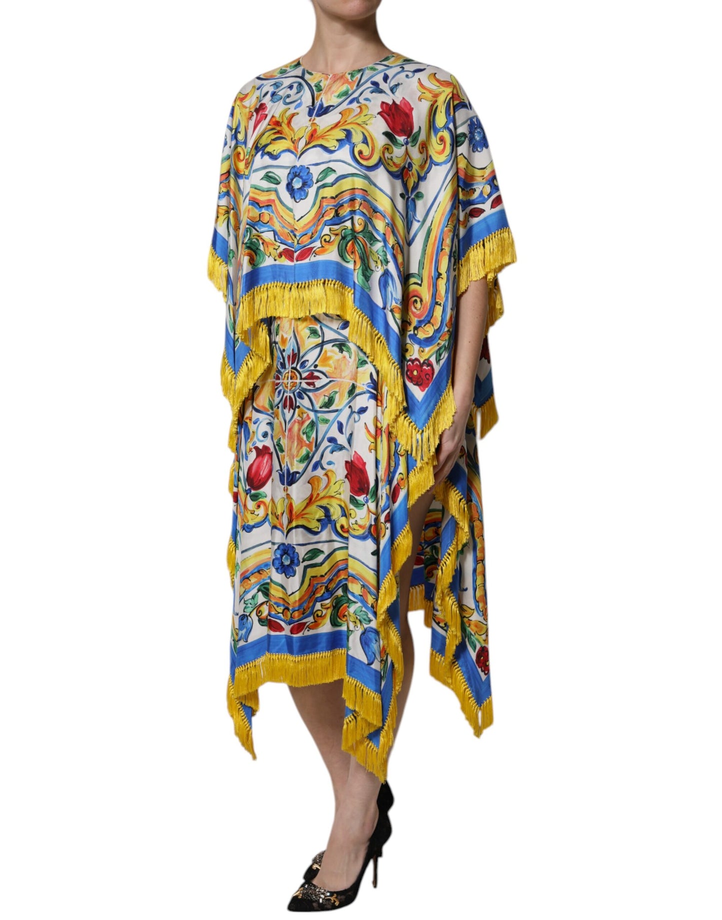 Dolce & Gabbana – Mehrfarbiges Majolika-Kaftan-Maxikleid mit kurzen Ärmeln