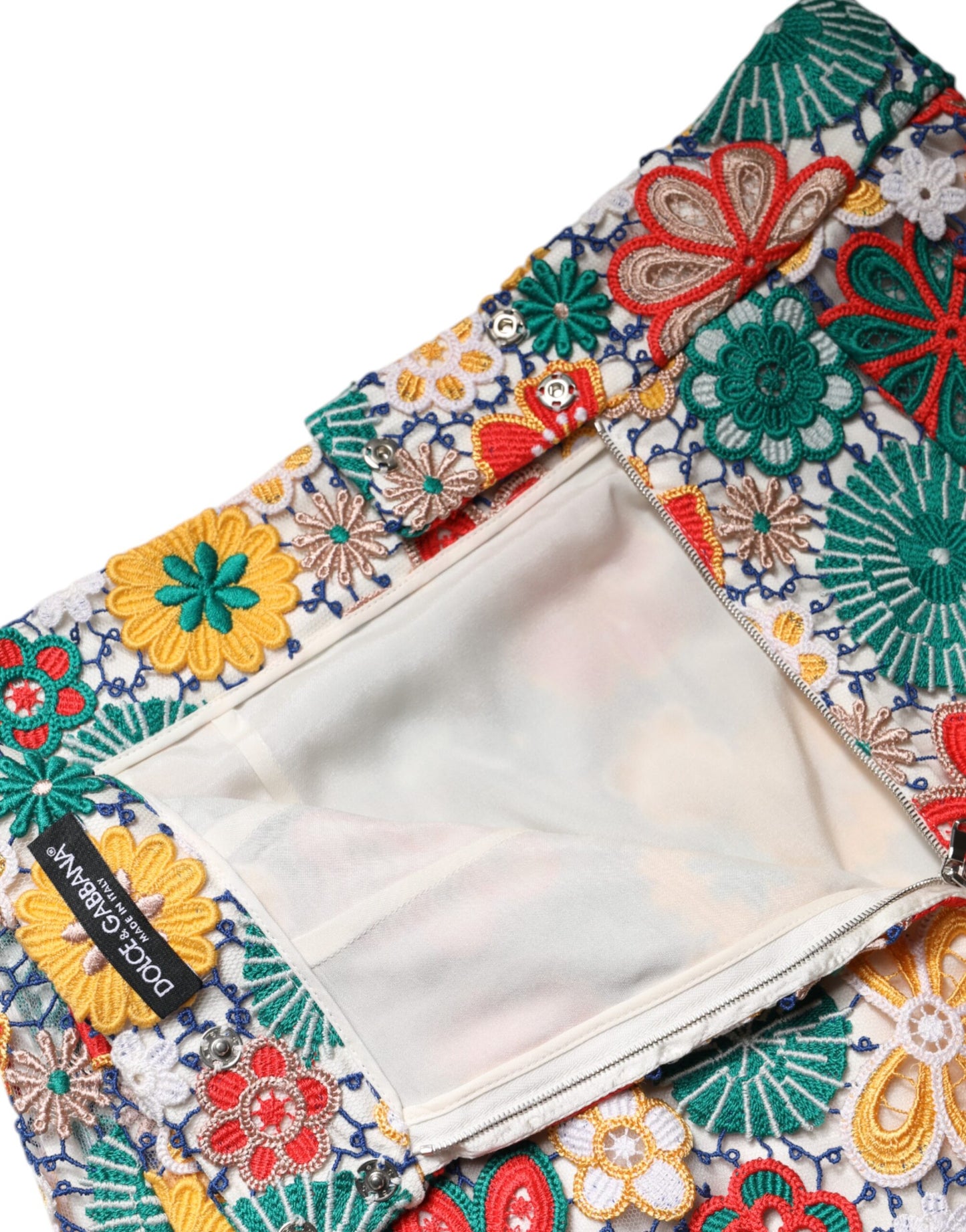 Dolce & Gabbana, mehrfarbiger Minirock mit Blumenspitze und hoher Taille