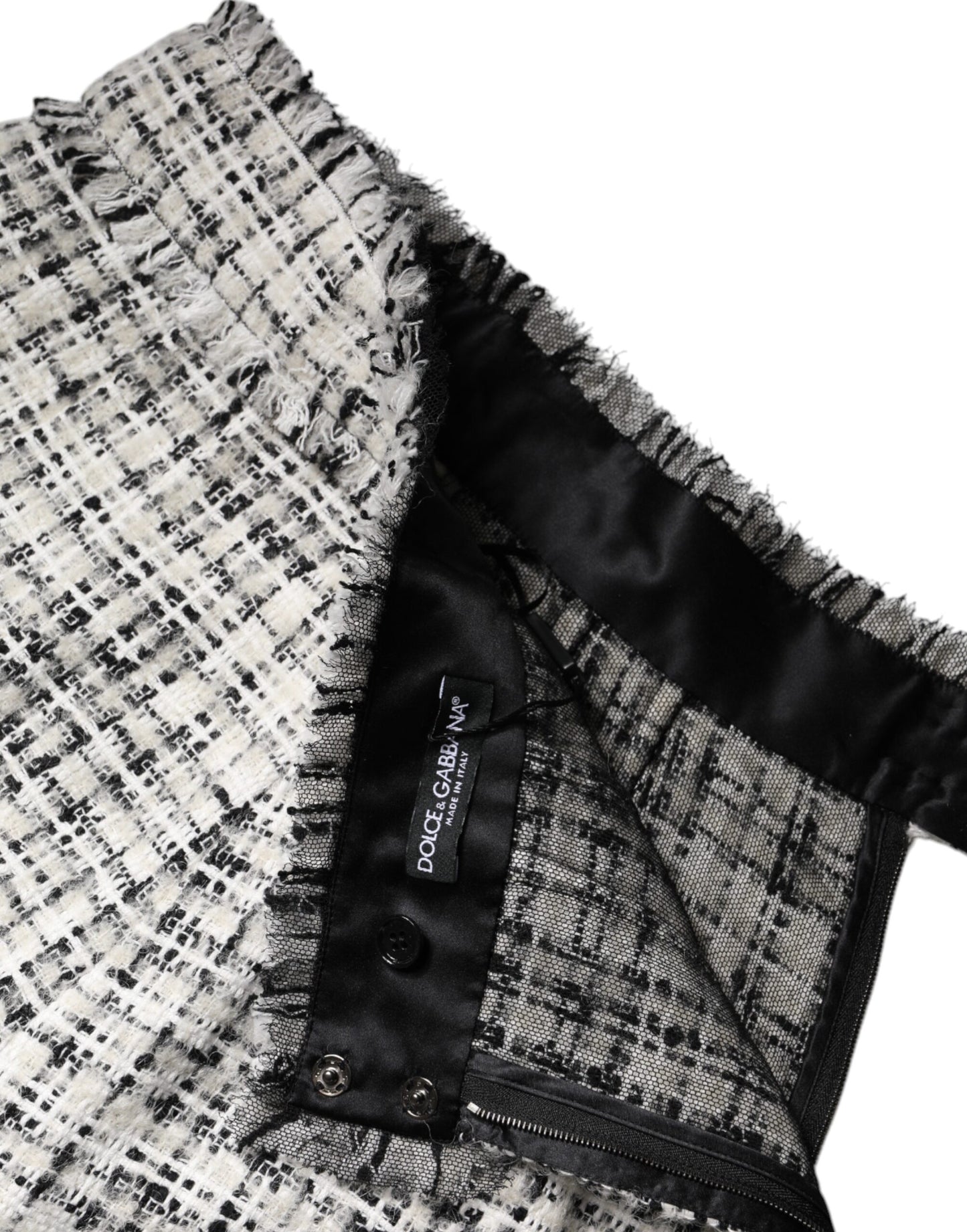 Dolce & Gabbana – Weiß-schwarzer Minirock aus Tartan-Tweed mit hoher Taille