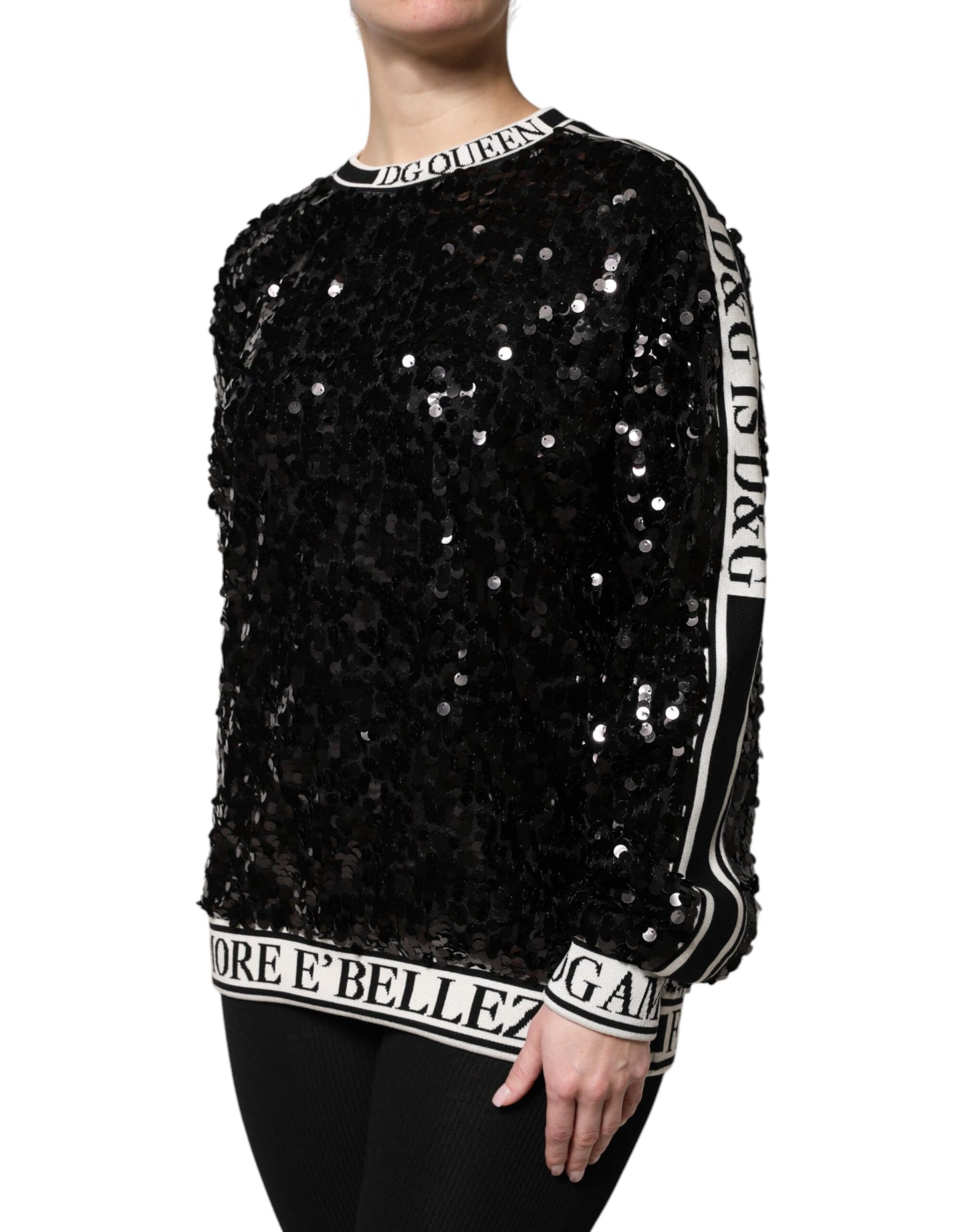 Dolce & Gabbana – Schwarzer Pullover mit Pailletten „DG Queen“