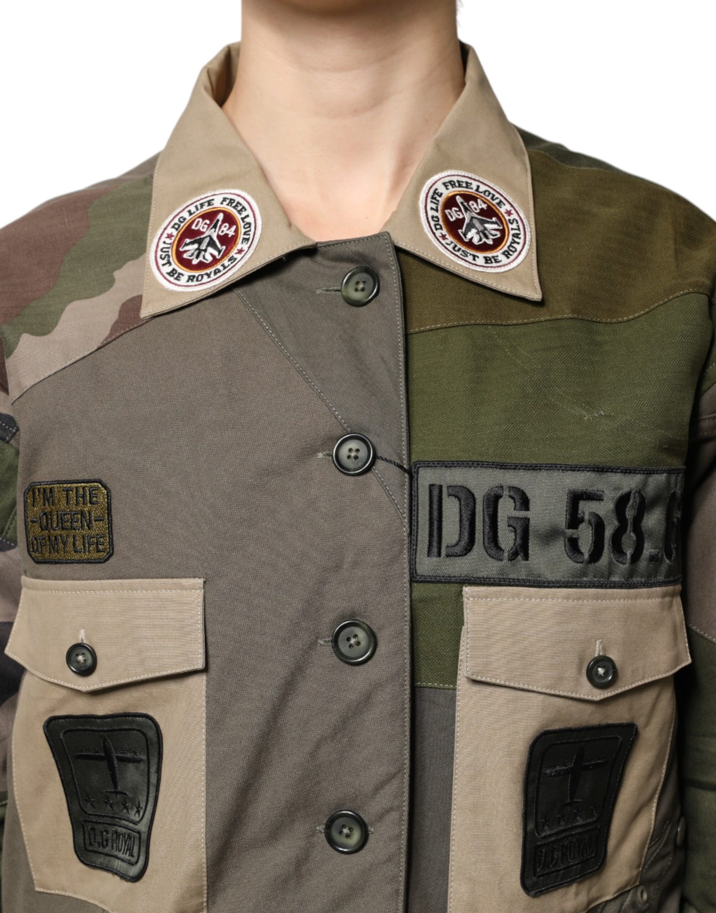 Dolce & Gabbana Militärgrüne Baumwoll-Down-Jacke mit Knöpfen