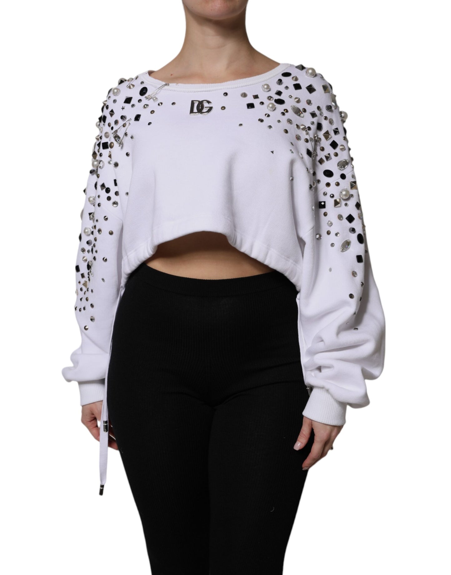 Dolce & Gabbana – Weißer, verzierter, kurzärmliger Pullover