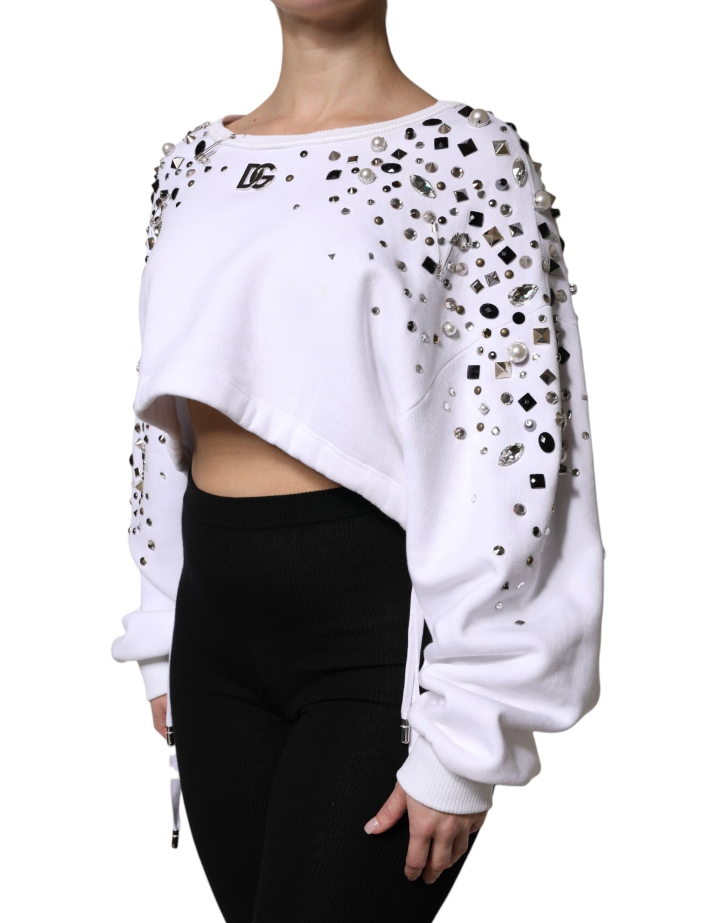 Dolce & Gabbana – Weißer, verzierter, kurzärmliger Pullover