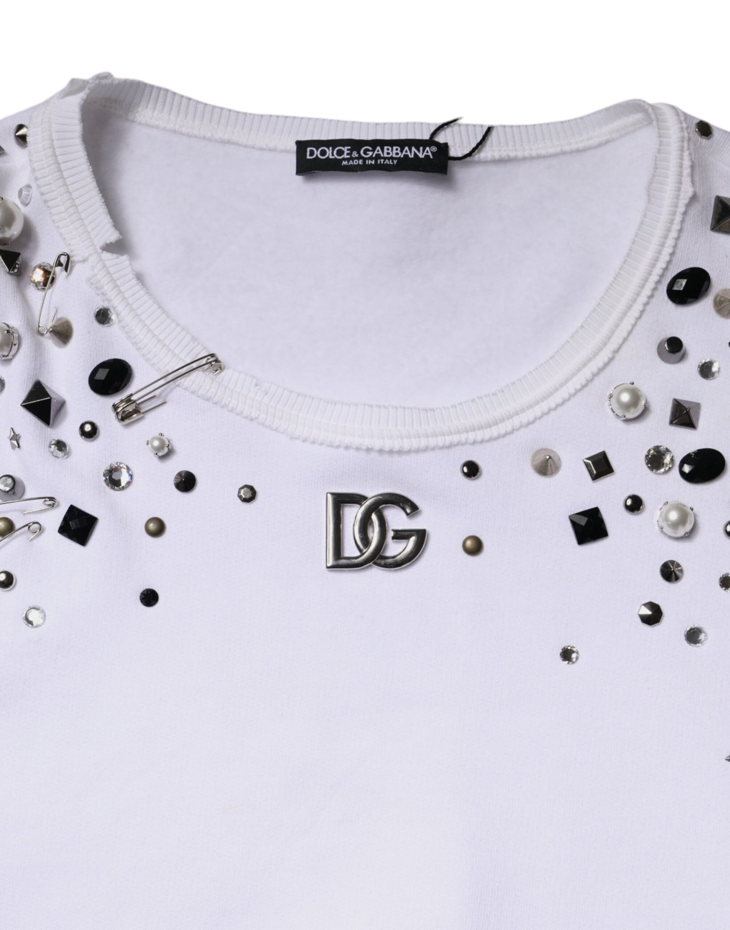 Dolce & Gabbana – Weißer, verzierter, kurzärmliger Pullover