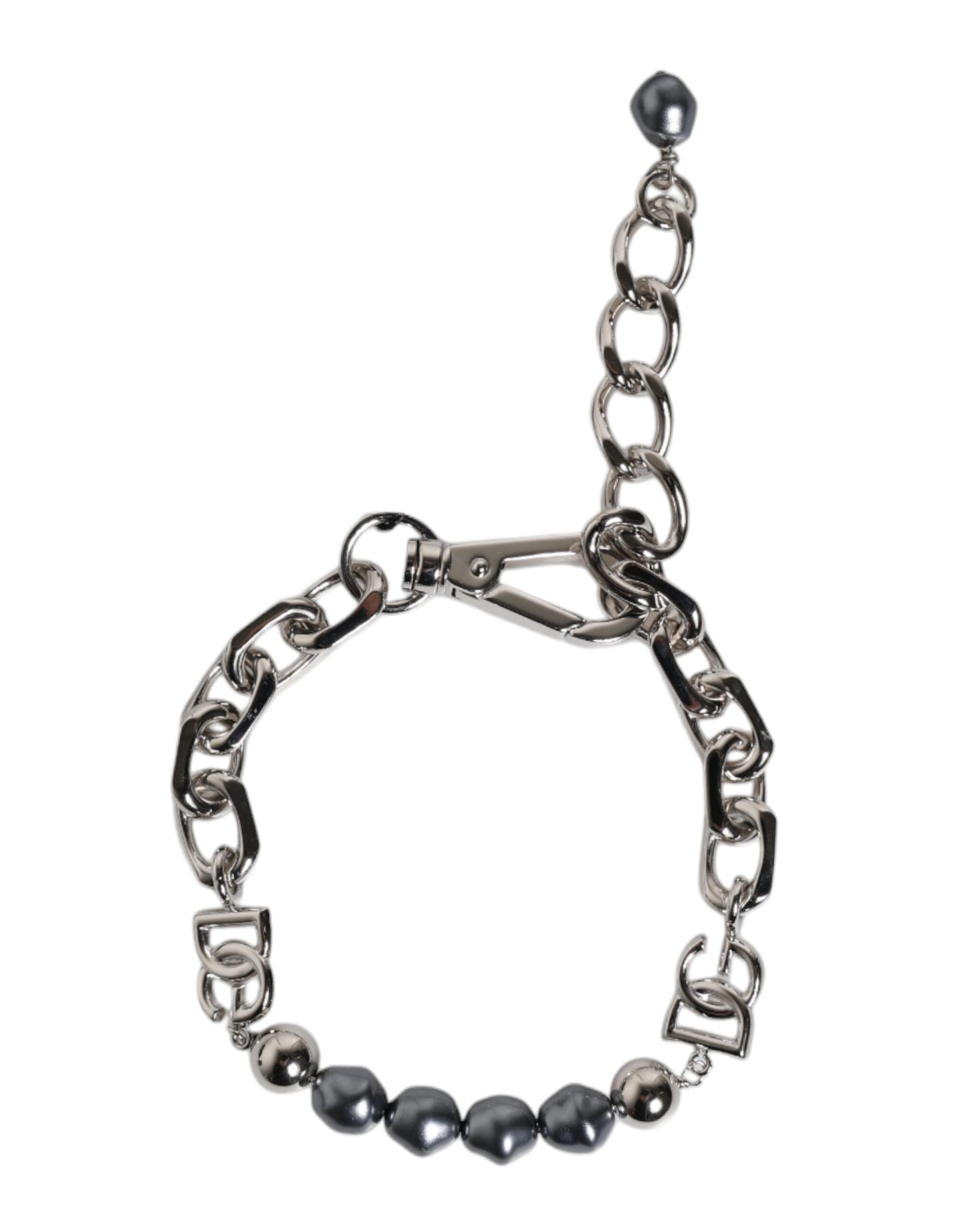 Dolce & Gabbana Silberfarbenes Kettenarmband mit Karabinerverschluss und grauen Perlen