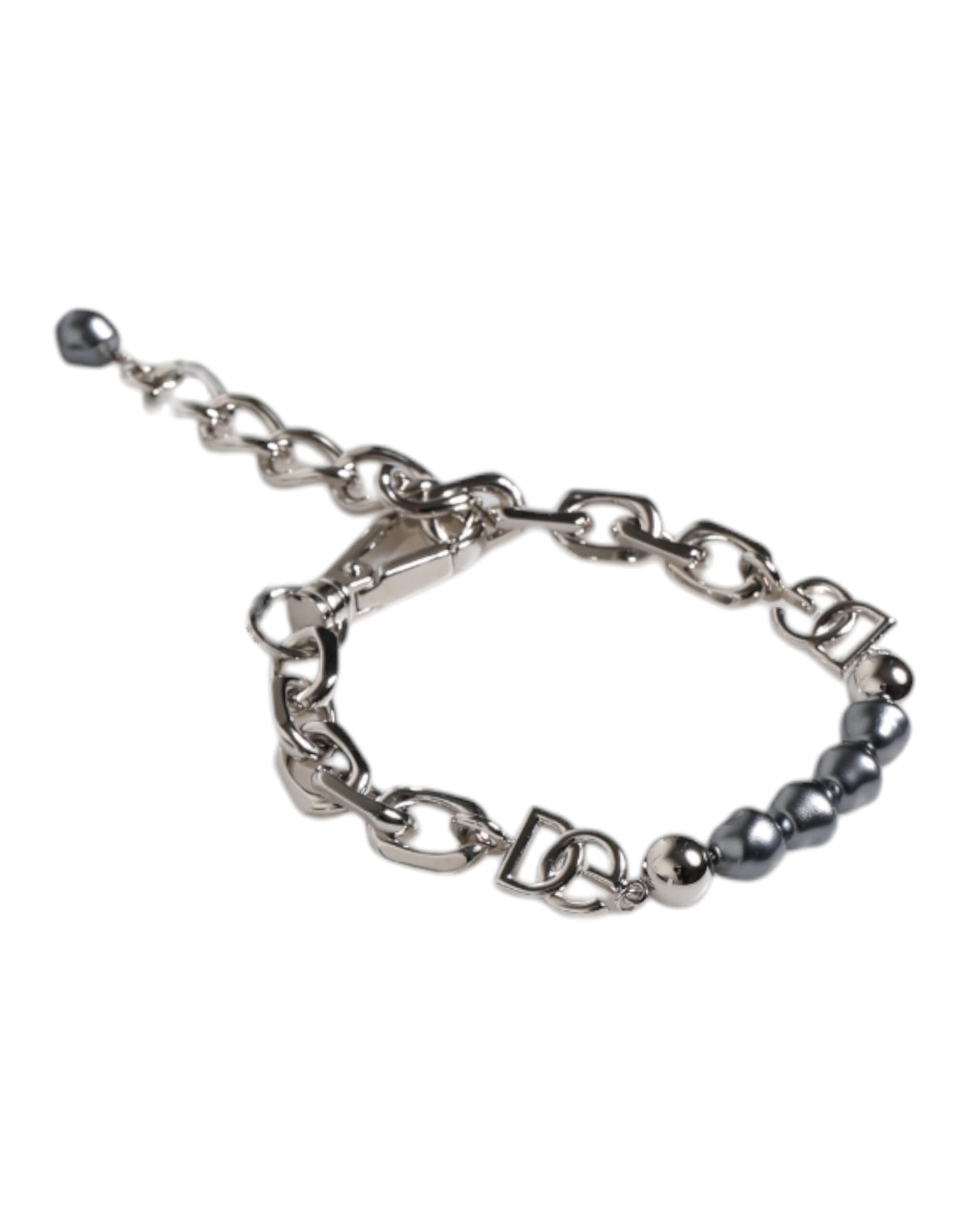 Dolce & Gabbana Silberfarbenes Kettenarmband mit Karabinerverschluss und grauen Perlen