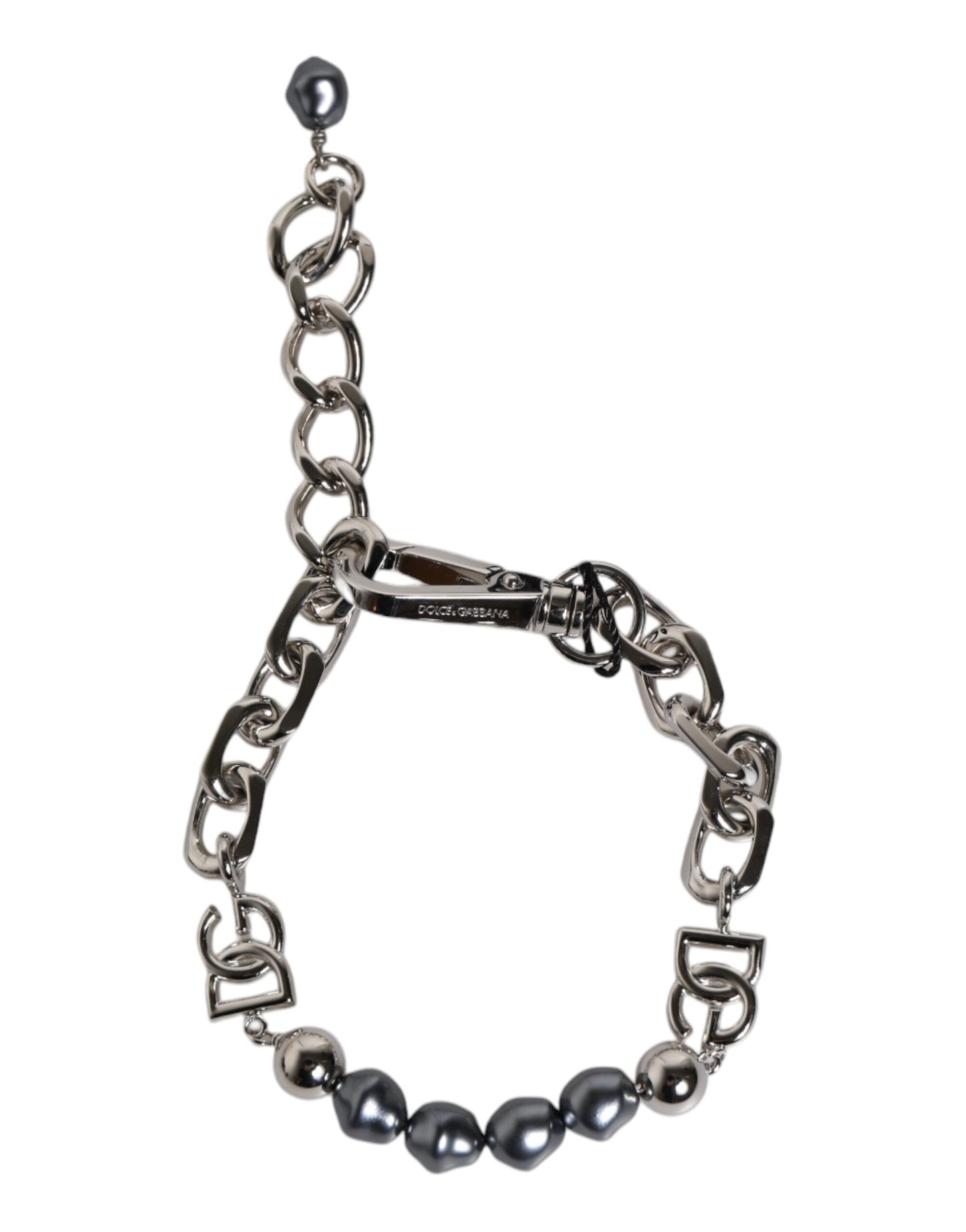 Dolce & Gabbana Silberfarbenes Kettenarmband mit Karabinerverschluss und grauen Perlen