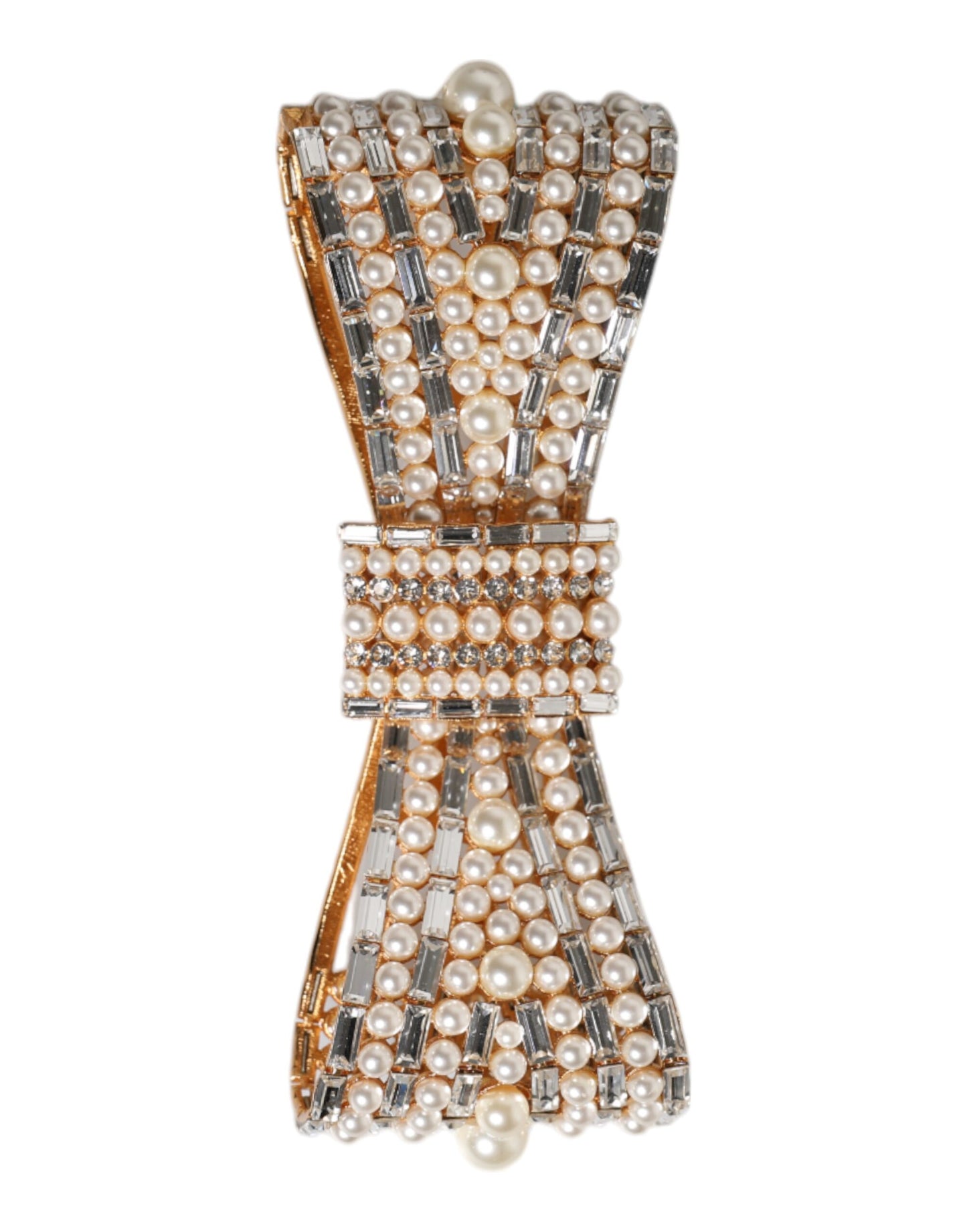 Dolce & Gabbana – Brosche aus goldfarbenem Messing mit Schleife und Kristall-Kunstperlenverzierung