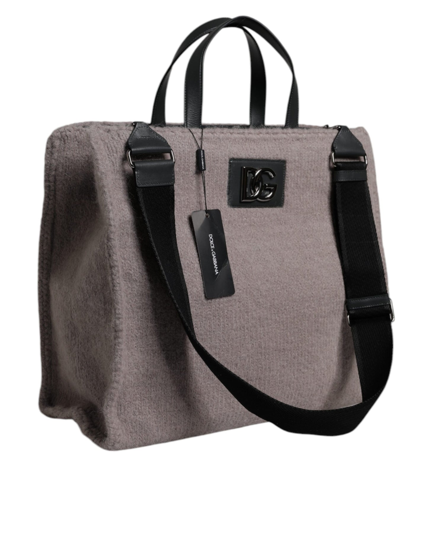 Dolce & Gabbana Gray Alpaca Wool Logo Plaque Tote Shoulder Bag
