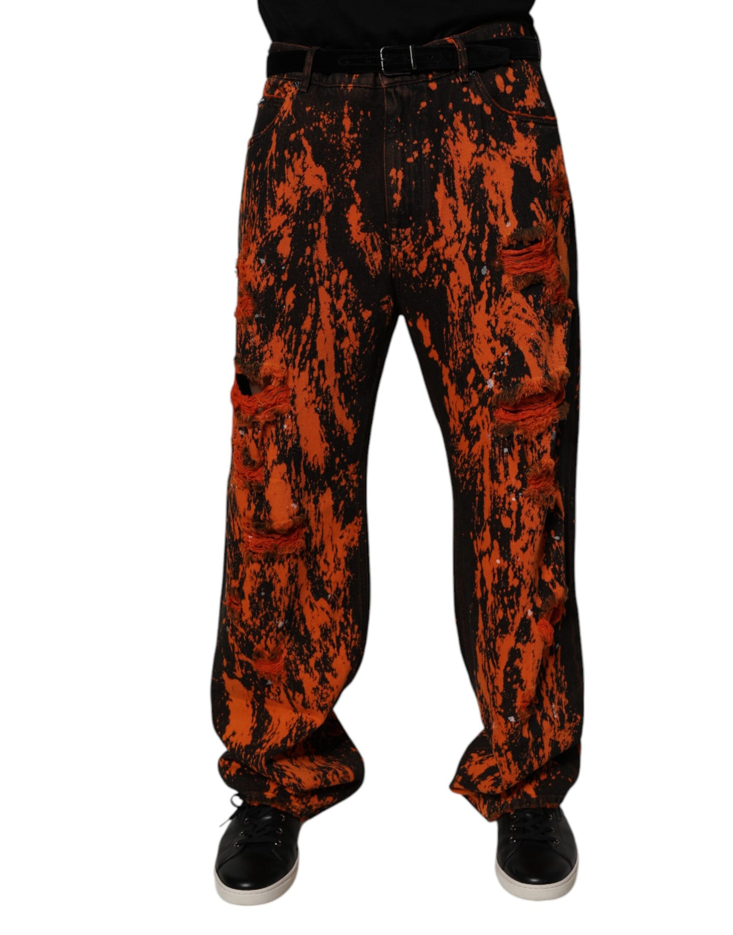 Dolce & Gabbana – Gerade Jeans aus Baumwolle mit Batikmuster in Schwarz und Rot